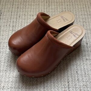 Dansko brown leather clogs with real wood base, size 38.